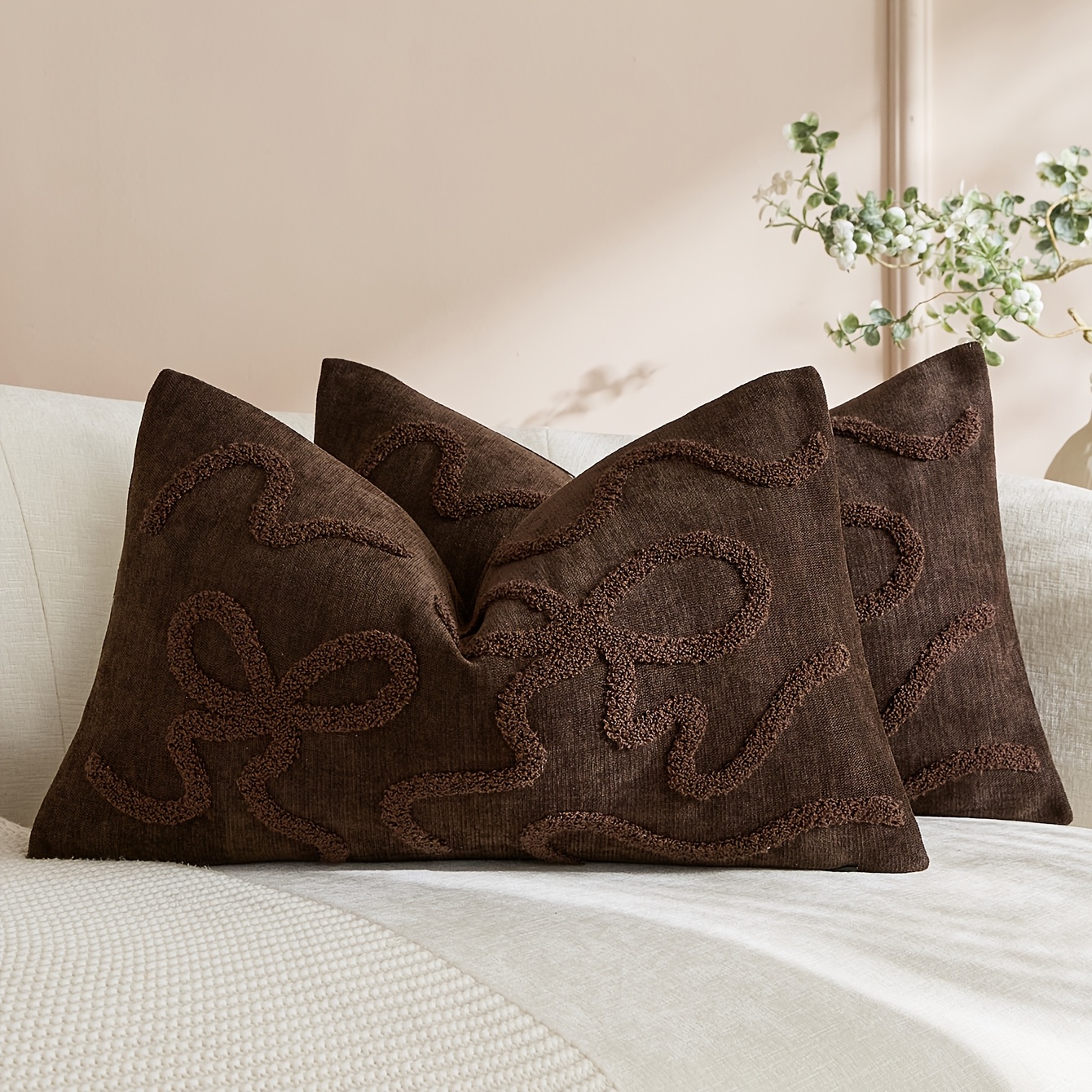 TEMU Lot de 2 housses de coussin capitonnées à nœud , style bohème et ferme, crème en chenille, avec fermeture éclair, coussins décoratifs rétro à