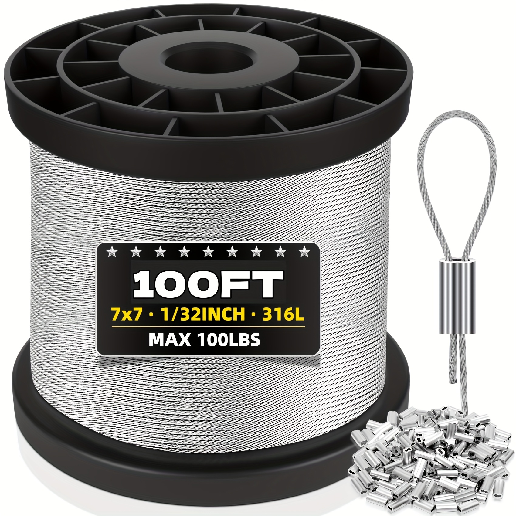 TEMU Werhoo T316 Stainless Steel Cable, 1/32in Wire Rope With 100pcs Aluminum Sleeves Stops, For String Lights Hanging, Clotheslines, Trellis Wire, 100ft, 200ft, 400ft, 600ft, 800ft, 1000ft