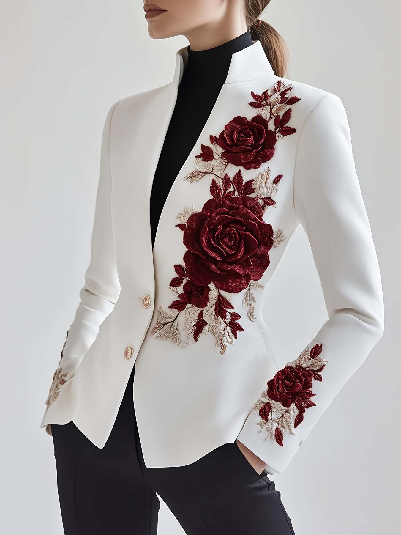 womens casual rose floral embroidered jacket burgundy Temu