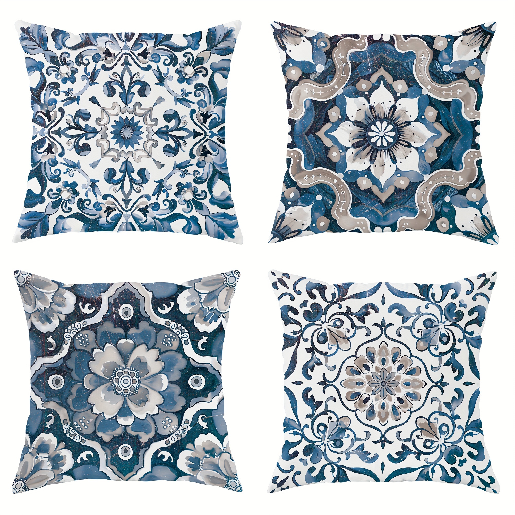 TEMU 4pcs Velvet Throw Pillow Covers Floral White Blue Bohemian Vintage Decorative Pillowcases18in*18in Suitable For Living Room Bedroom Sofa Bed Decoration Without Pillow Inserts