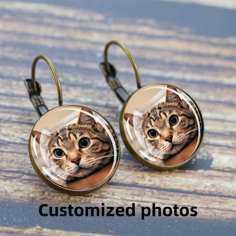 

Customized Photo Earrings, Retro Design With Ear Hooks, Zinc Alloy And Glass, Ideal For Holidays And Parties - 1 Pair, Gift