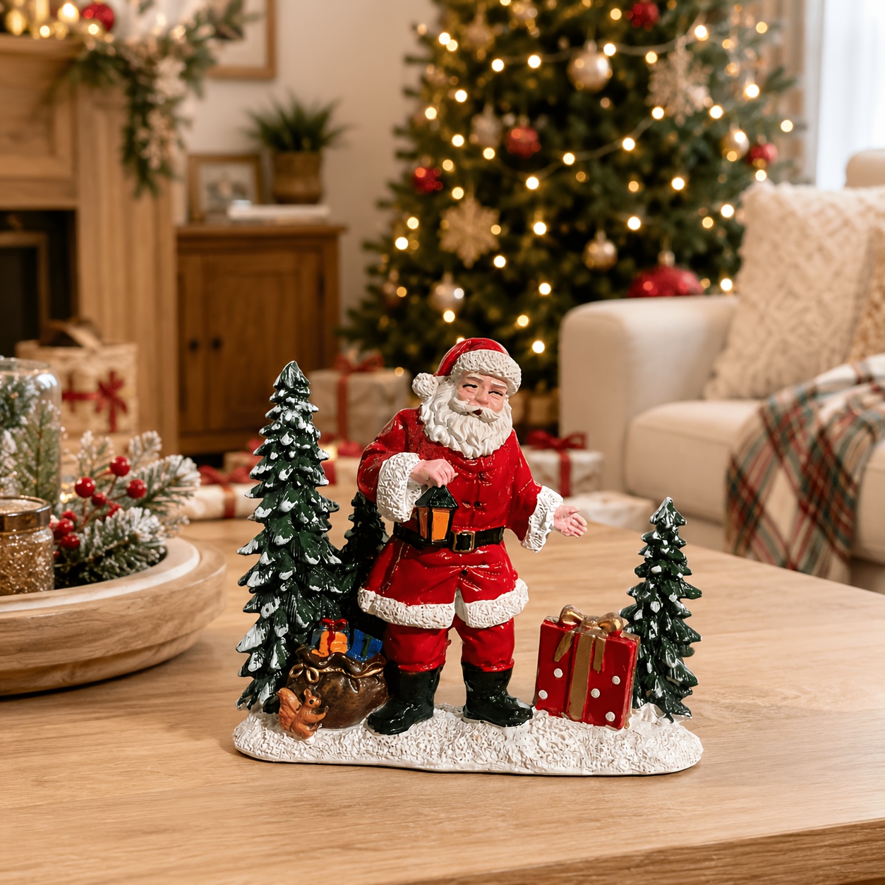TEMU 1pc Resin Christmas Santa Claus Desktop Ornament, Red-clad Santa With Vintage Lantern, Snowy Pine Tree, Squirrel And Gift Box, Snowy Scene Base