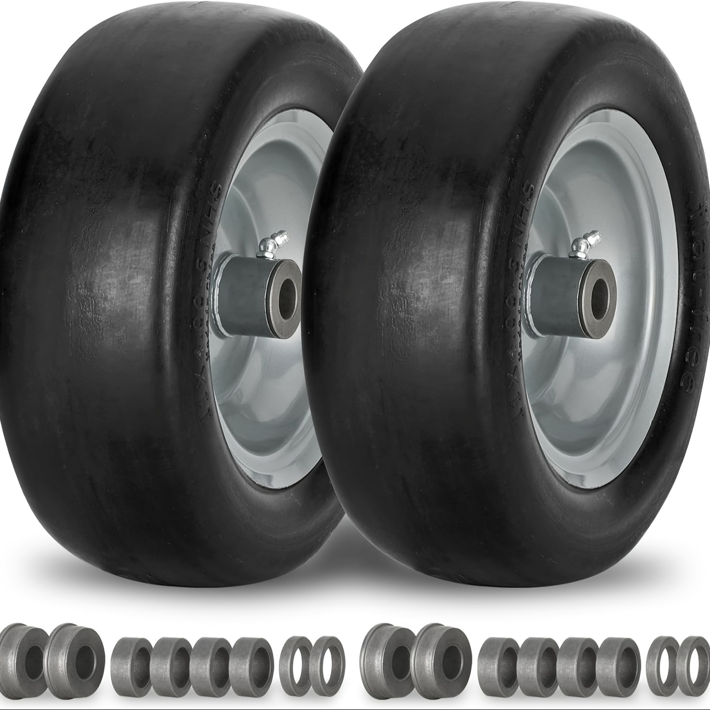 

2 Pcs 11x4.00-5" Lawn Mower Tire On Wheel, 3/4" Or 5/8" Bushing, 3.4"-4"-4.5-5" , Universal Fit Smooth Tread Tire For 0 Turn Lawn Mowers, With Universal Adapter Kit