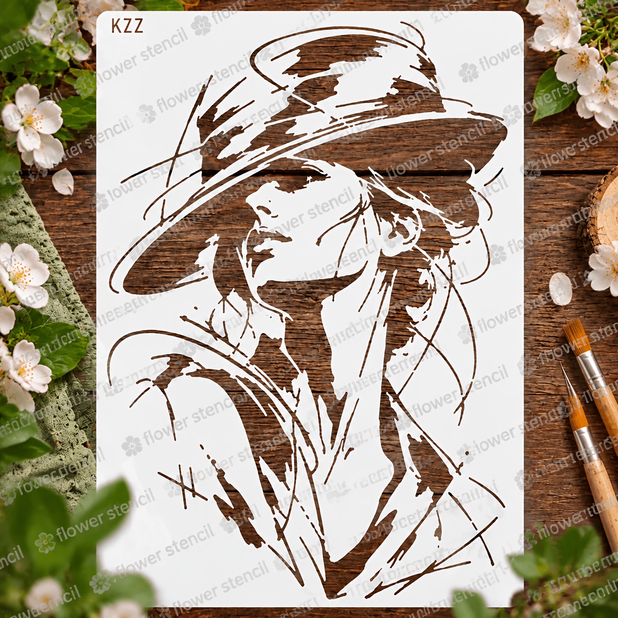 TEMU Pochoir KZZ Femme Élégante au Chapeau à Large Bord, 11.8x11.8 pouces, Modèle de Peinture de Portrait de Mode Réutilisable pour Murs, Tissu,