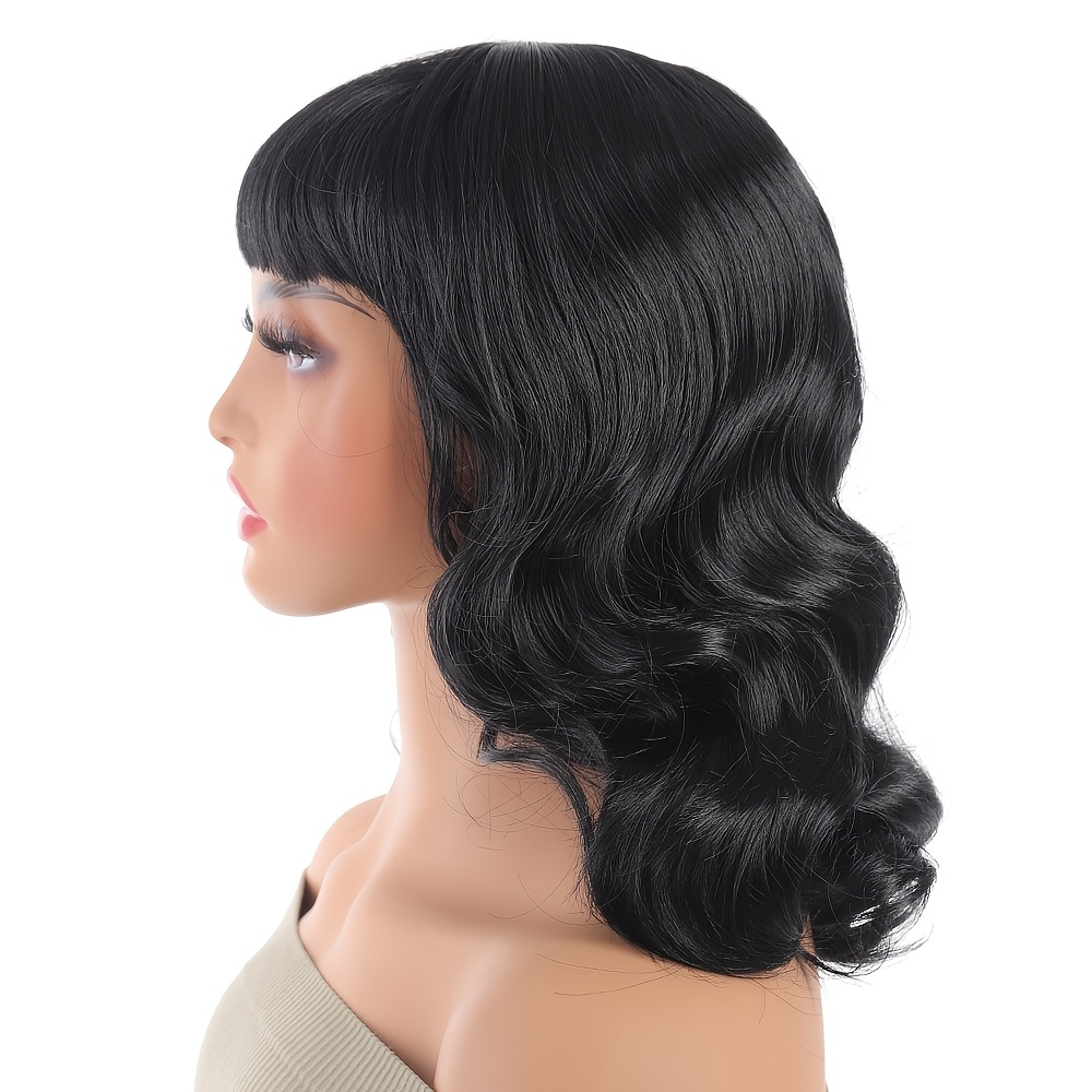 E-shop Vintage 50er Rockabilly Wellenförmige Schwarze Perücke mit Pony für Damen, Geeignet für Cosplay, , Halloween und Weihnachten