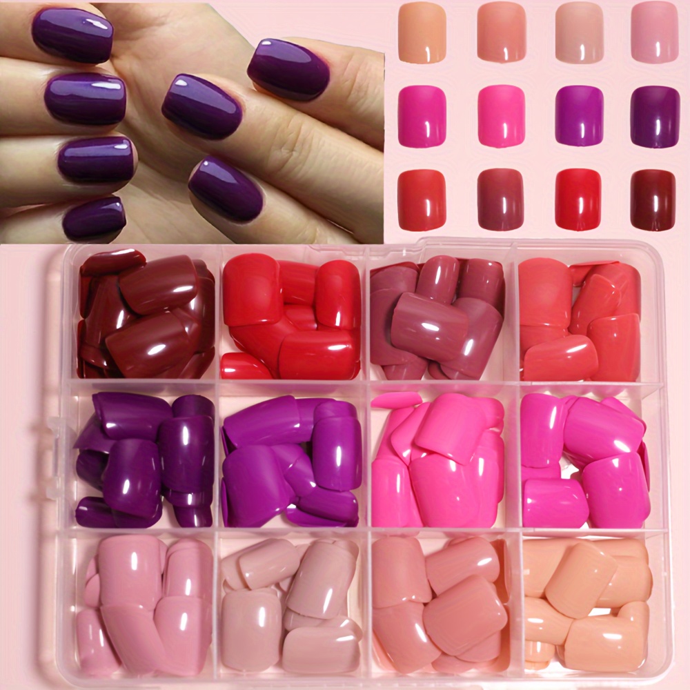 

12-grid Box 288pcs Mixed Pink, Rainbow And Short Square False Nails Suitable For Valentine's Day And New Year Gifts