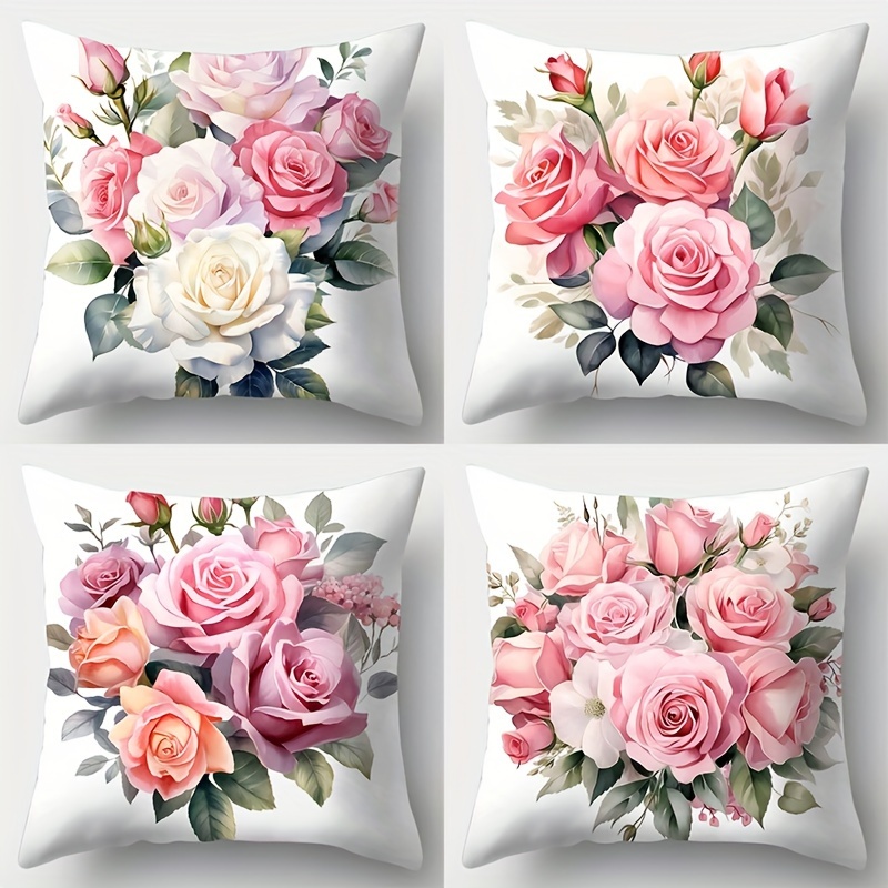 

4-piece Set Vibrant Red Floral Throw Pillow Covers, 17.7" Square, Single-sided Print, Zip Closure - Perfect For Sofa & Home Decor (inserts Not Included)