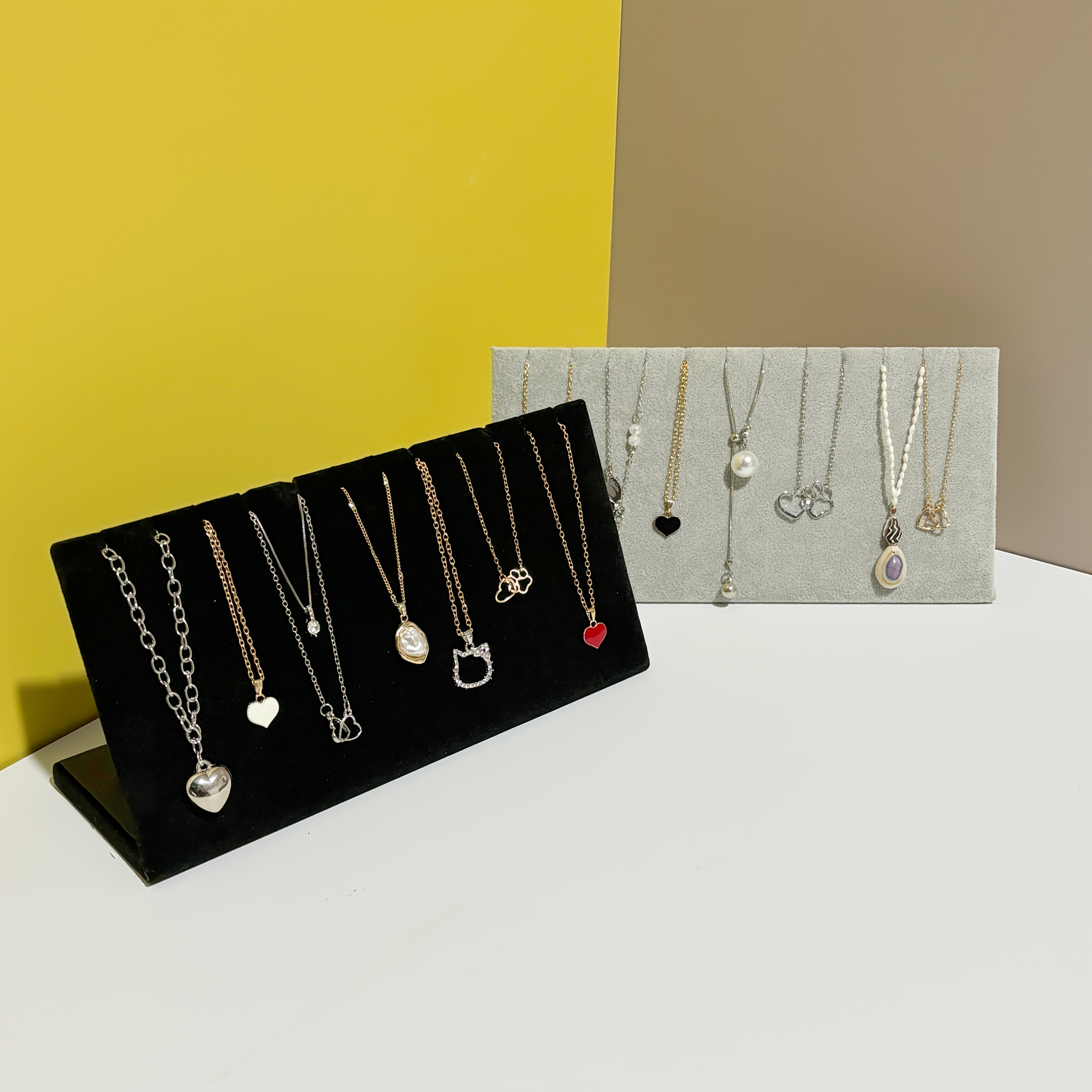 12 Slot Black/Gray Velvet Necklace Display Stand, L-Shaped Durable Soft Material - Home And Boutique Jewelry Display Organizer