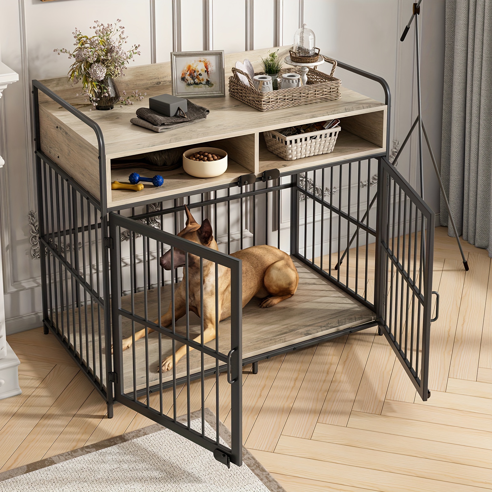 Kennel With Dual Drawers And Double Doors Dog Crate Furniture Indoor Pet Crate End Table For Large Small And Medium Dogs Retro Gray 103x60x85cm