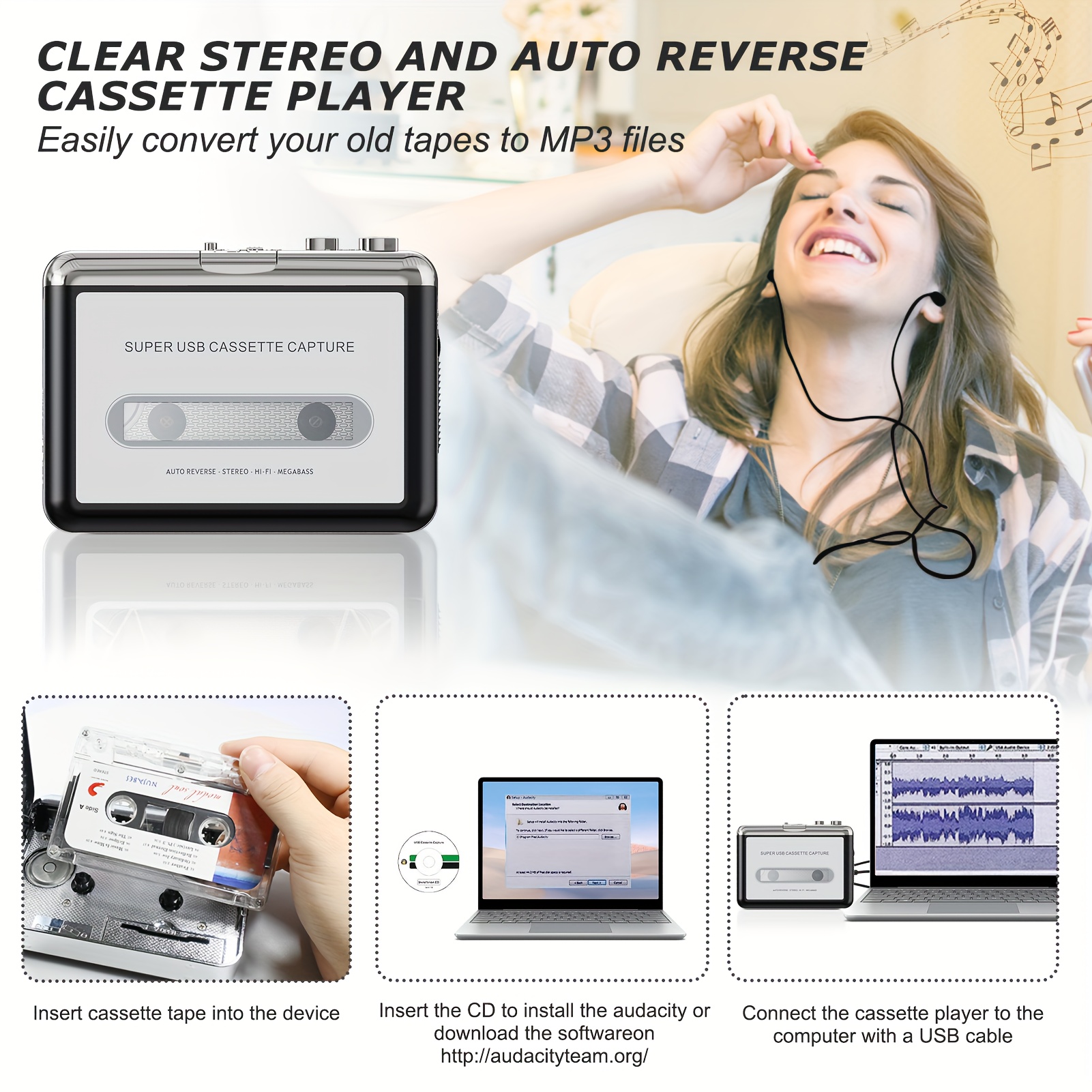 Reshow Lecteur De Cassettes Portable Convertisseur - Enregistreur MP3 USB Avec Haut-Parleur Intégré, Lecture Inversée Blanc
