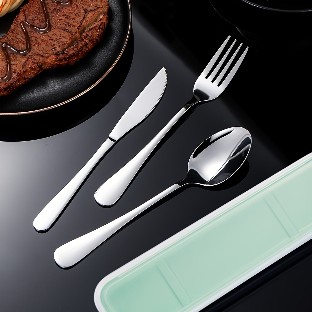 TEMU 3pcs Elegant Stainless Steel Cutlery Set - Steak Knife, Fork, Spoon With Box - Rust-proof And Portable, Suitable For Barbecue, Camping, Indoor