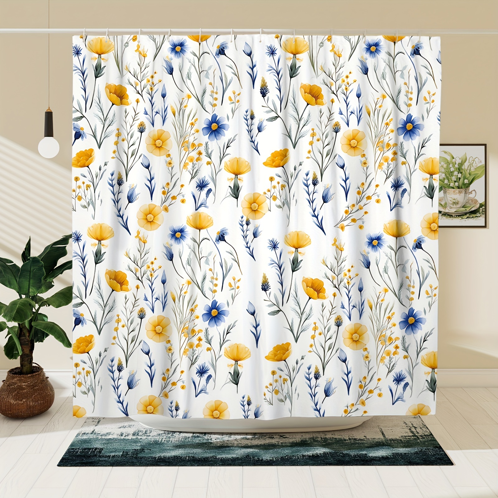 

1pc Yellow Blue Floral Printed Shower Curtain, Waterproof Durable Shower Curtain With Hooks, Bathtub Partition, Bathroom Decor Accessories