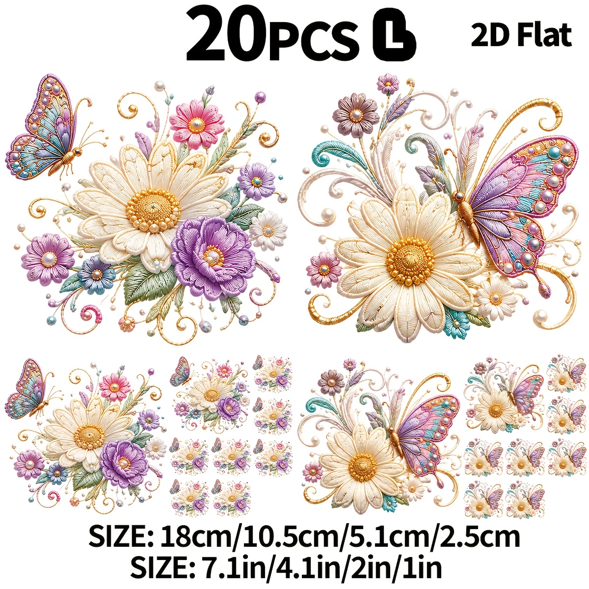TEMU 20pcs Simulated 2d Flat Heavy- Embroidery Purple And White Chrysanthemum Set, With Pearl Accents And Gemstone Inlays, Dtf Heat Transfer Iron-on,