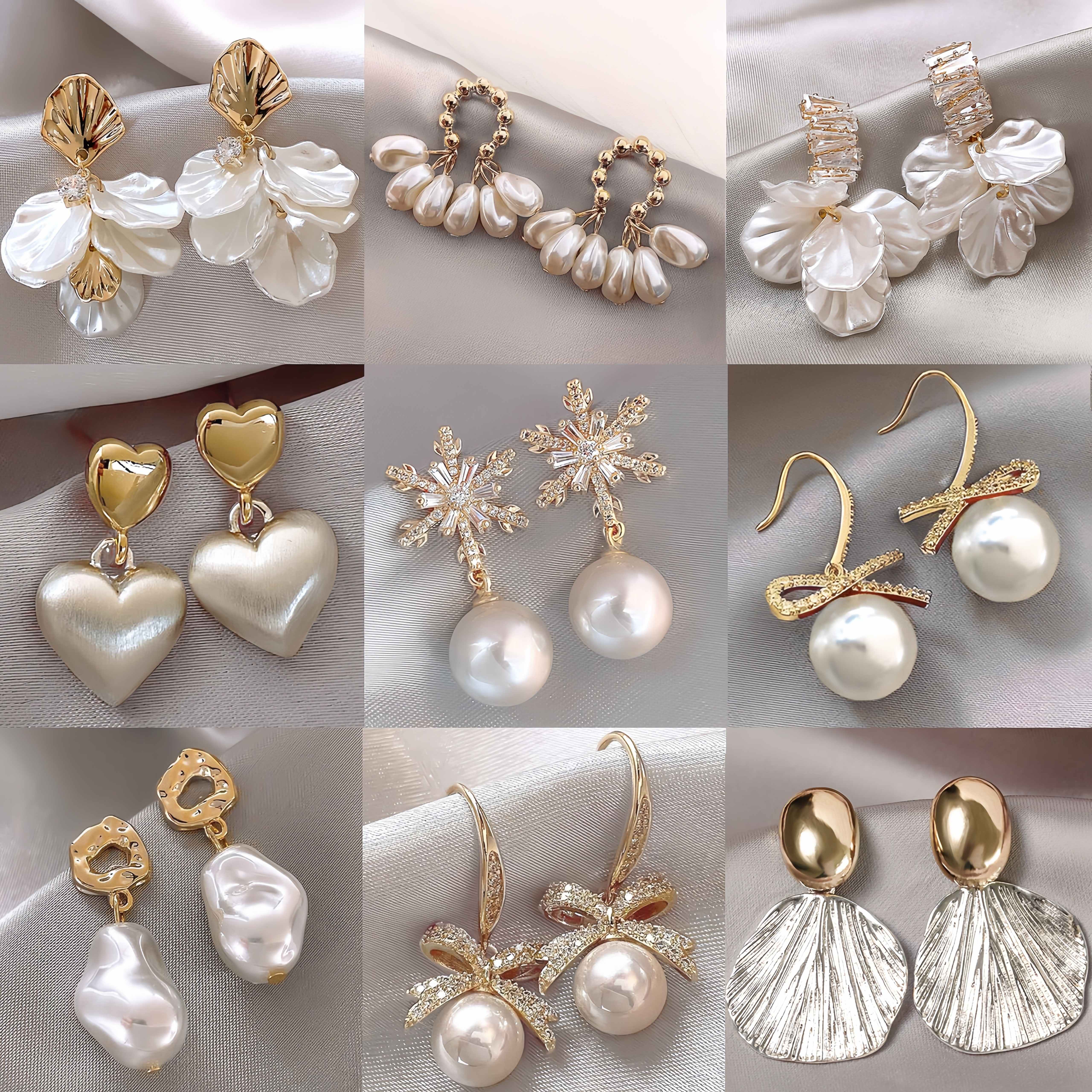 

9 Pairs/pack Pearl Earrings, Bow Alloy Earrings, White Shell Material Earrings, Low Allergy, One-stop Shopping Elegant Luxurious Fashion Nceearrings, Good Gifts For Wedding, Christmas, For Holiday