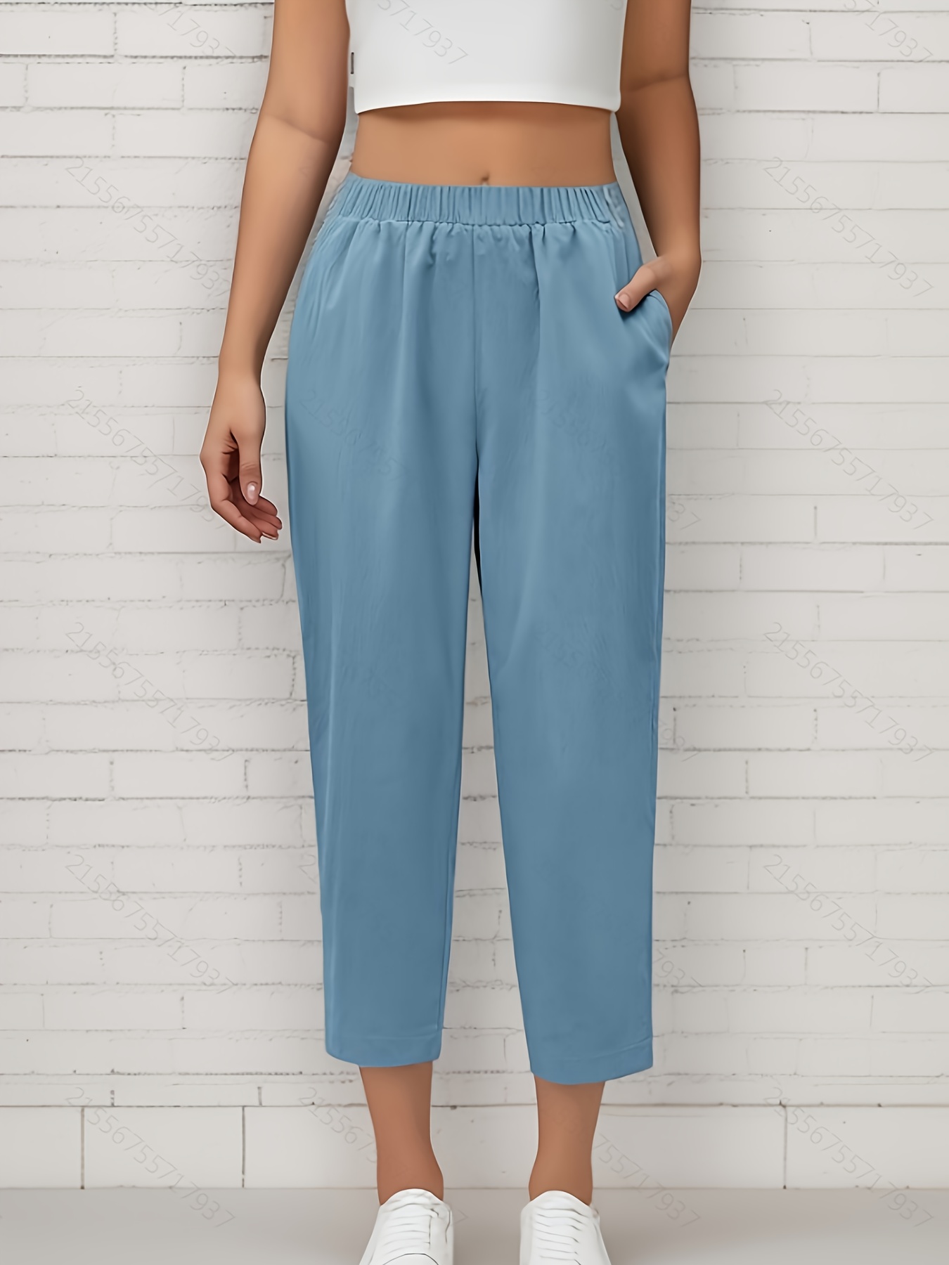 Women'S Plus Size Elegant Capri Pants Solid Color Polyester 100%,  Non-Stretch, Woven Tapered Carrot Pants with Pocket Det