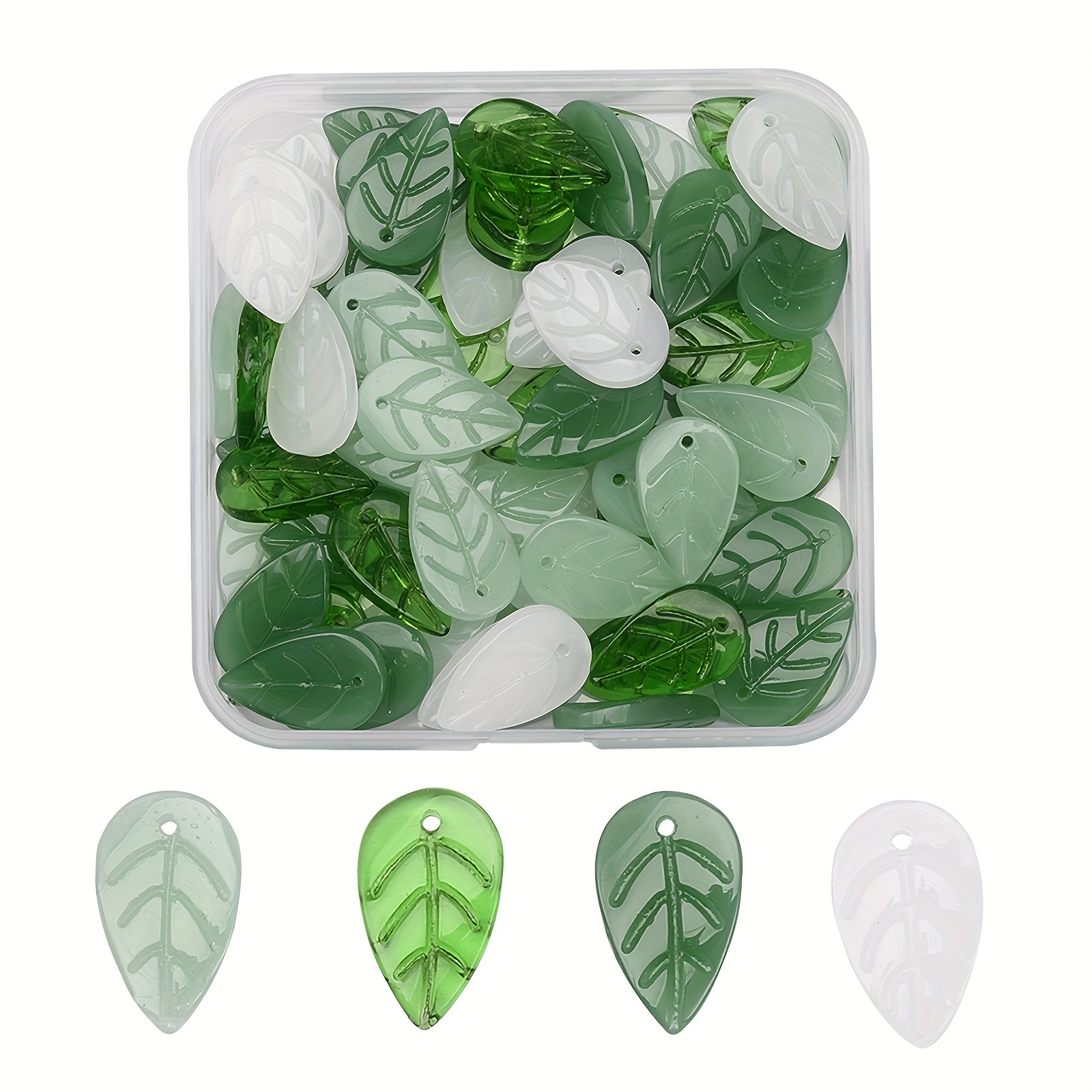 

80pcs/box 4 Colors Handmade Czech Lampwork Glass Crystal Green Leaf Charms Pendants Leaf For Bracelet Mother's Day Jewelry Making - 18x11mm