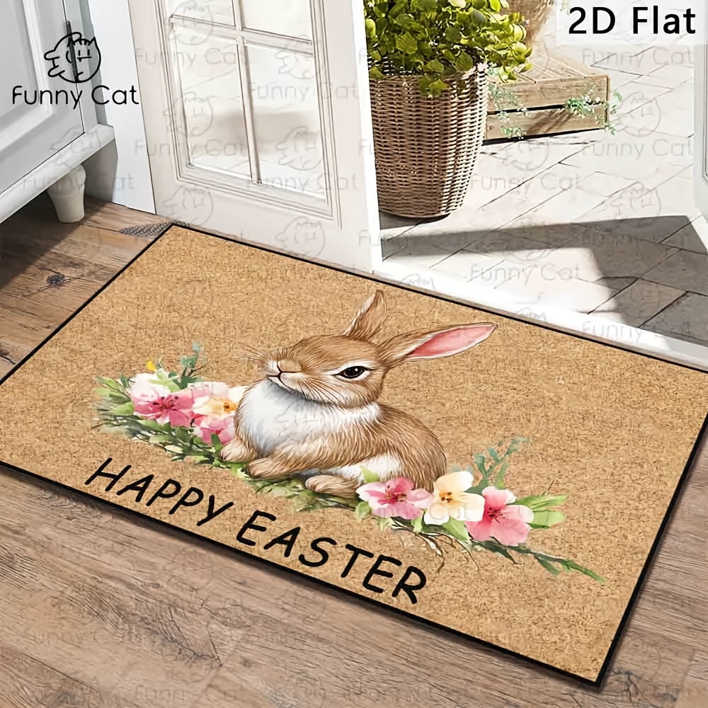 Image of 1pc Doormat | And Floral , Mat, Perfect For Home Entrances, Cute Bunny Decorative Rug, Non-slip Holiday Decor, Home And Outdoor Decor, Polyester, Machine Made By Funny