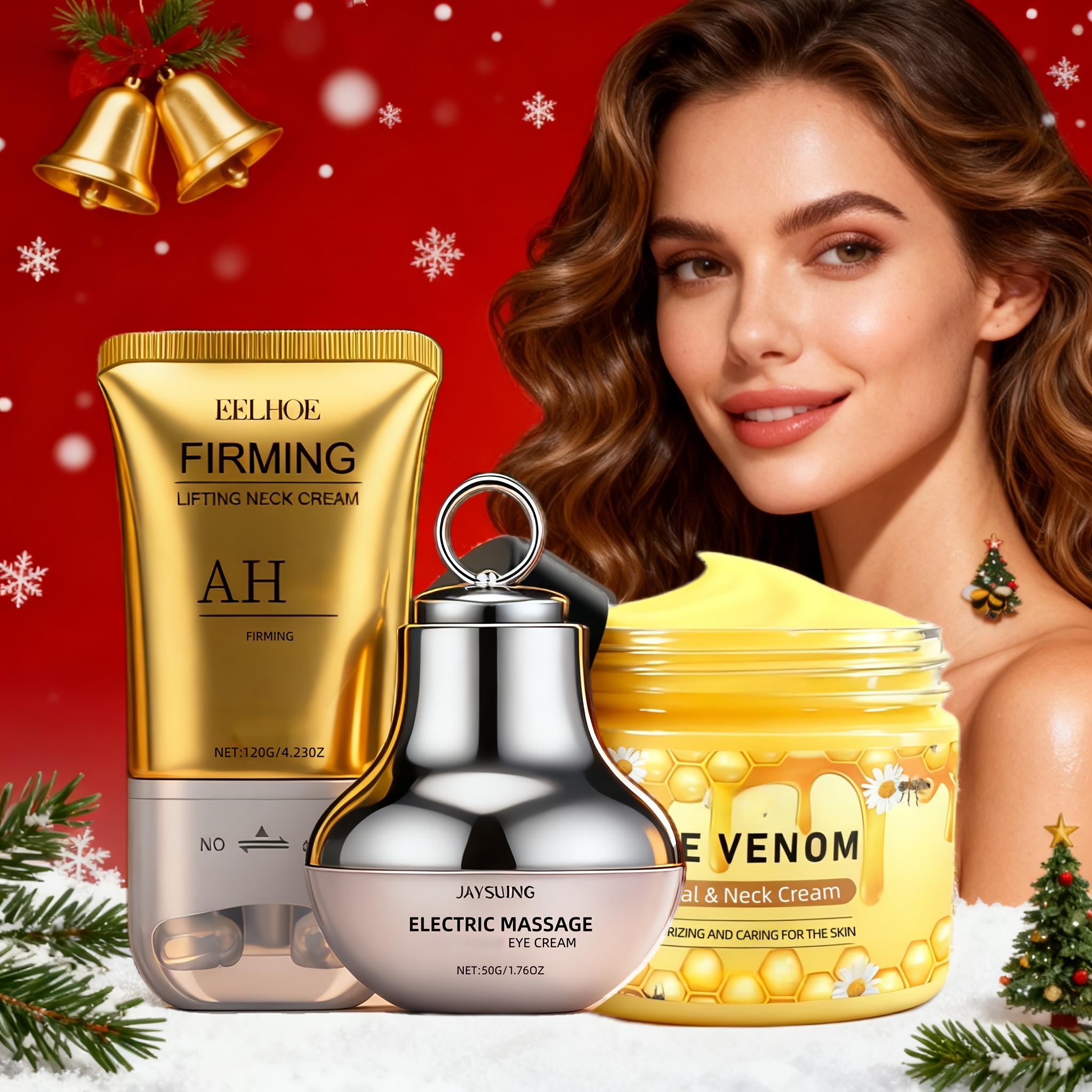 TEMU 3pcs Eye, Neck, And Face Firming Care Set, Containing Firming Eye Cream, Neck Care Roller Cream, And Face Cream. Formulated With Small Fruit