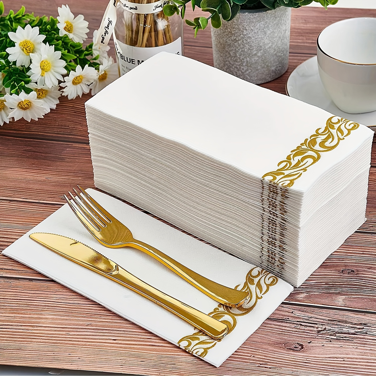 a set of 150 disposable guest towels with a   design suitable for kitchen parties weddings banquets or as decorative hand towels for bathrooms 50 towels per pack 3 packs per box total of 150 towels details 1