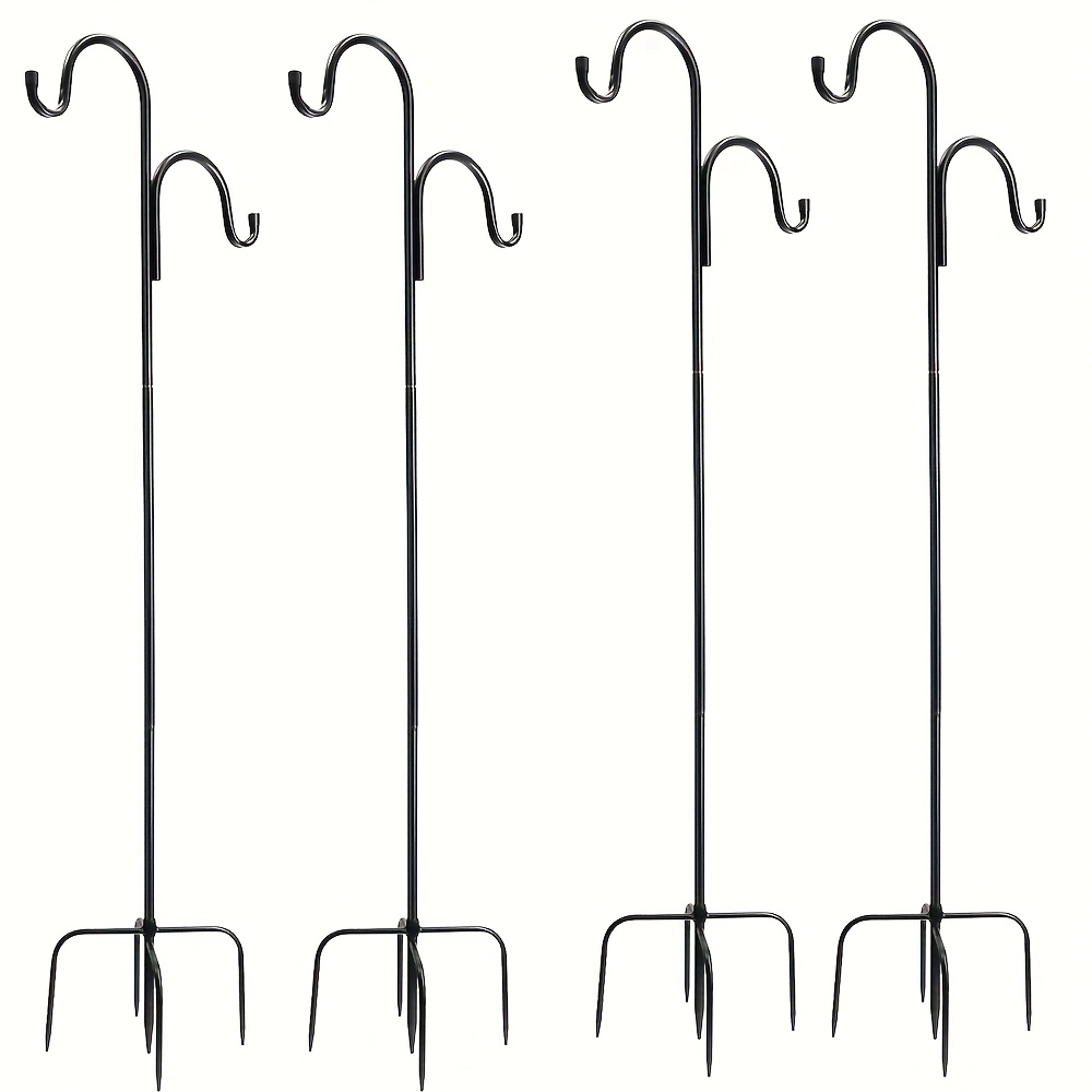 Image of 4 Pack 100cm Tall Double Shepherds Hooks For Outdoor, 4pcs 1m Heavy Duty Metal Garden Pole For Hanging Bird Feeder, Plant Baskets, Solar Light Lanterns, Garden Plant Hanger Stands With 5 Base Prongs