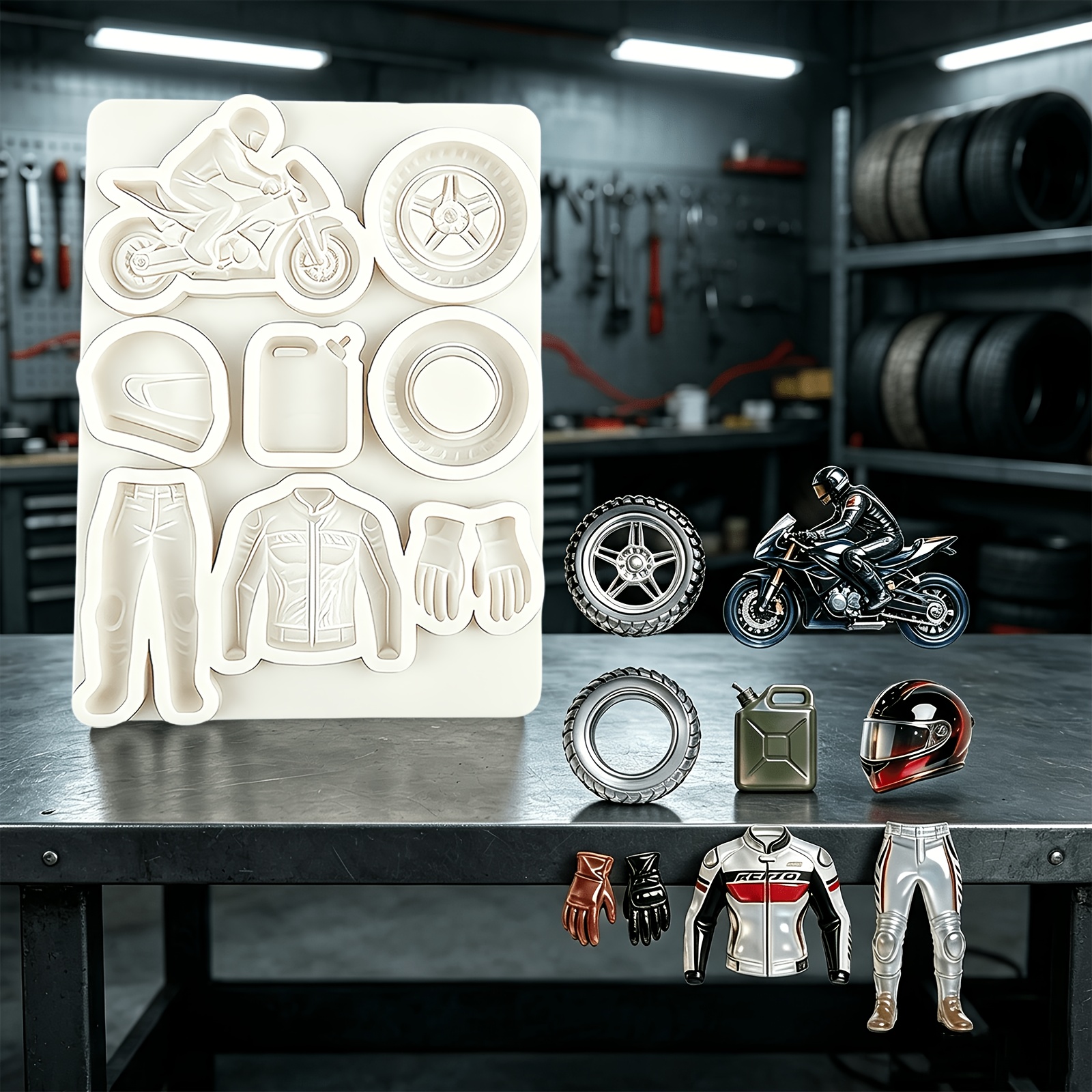 TEMU 1 Motorcycle Tire Helmet Fondant Mold, Oil Jacket Glove Silicone Mold, Suitable For Male Motorcycle Enthusiasts' Racing-themed Parties, Cookie