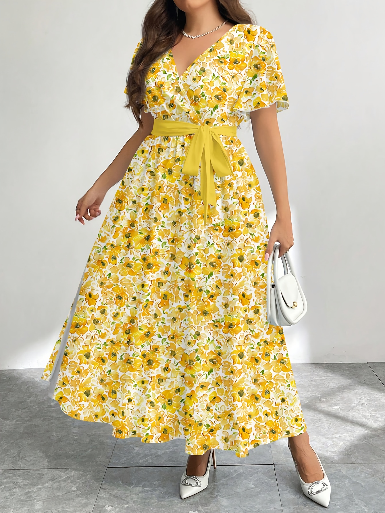 fitted lace wedding dress Puffy Long Sleeves Yellow Floral Cottage Dress – Ohmollydress main image 1
