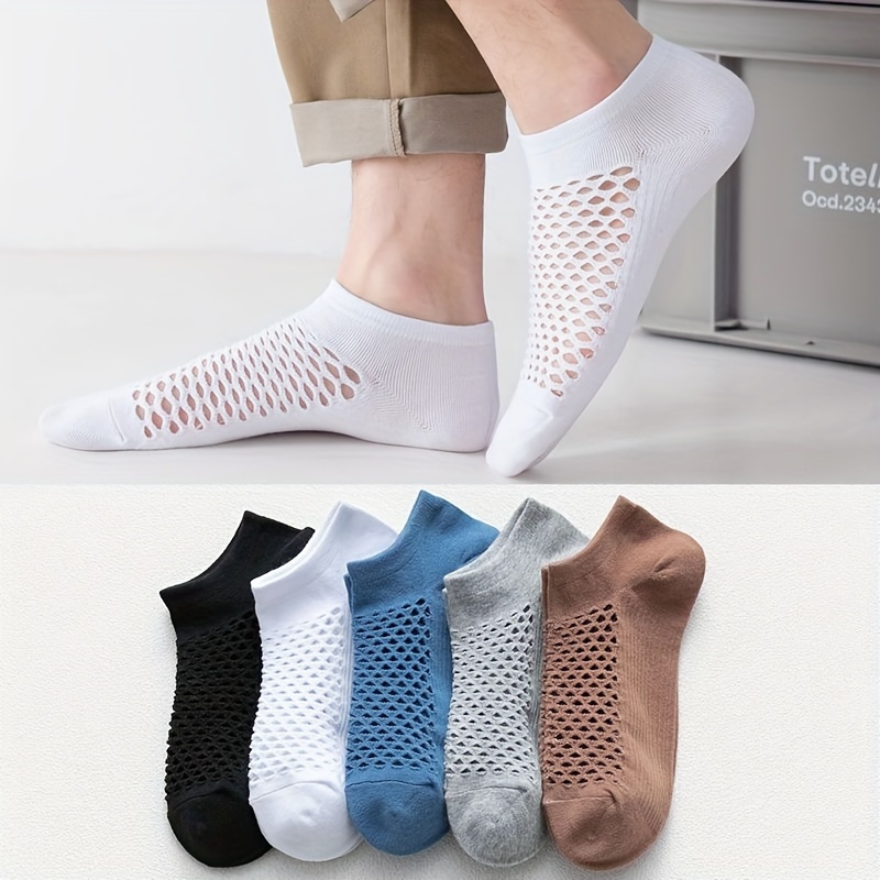 

5 Pairs Of Men's Knitted Solid Color Anti Odor & Sweat Absorption Low Cut Socks, Comfy & Breathable Thin Mesh Socks, For Daily & Outdoor Wearing, Spring And Summer