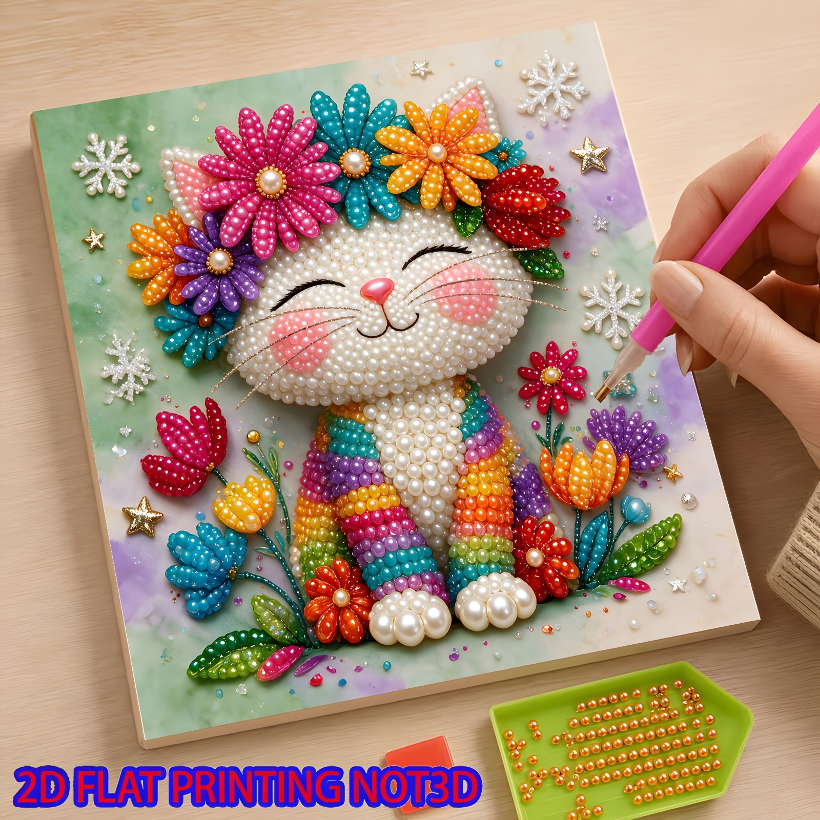 TEMU 2d Flat 1pc Floral Colorful Cat Christmas Series Frameless Pearl Diamond Painting Handmade Mosaic Living Room Bedroom Halloween Holiday Decor