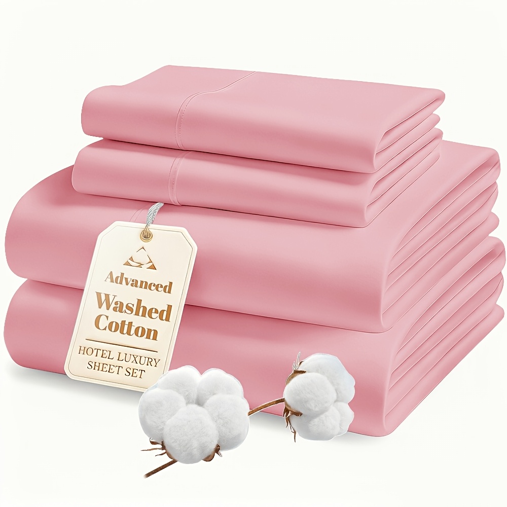 TEMU 4pcs Luxury Cotton Bed Sheet Set - Ultra Soft & Breathable Shrink Washed Suitable For Hotel, Home, Dorm - Deep Pocket Fitted Sheet With Flat