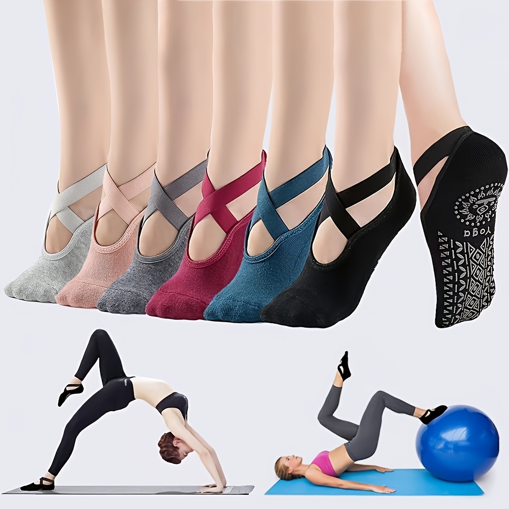 TEMU 6 Pairs Of Women's Yoga Socks, Silicone Anti-slip Boat Socks, Cross-tied Fitness Pilates, Soft And Comfortable Dancing Socks