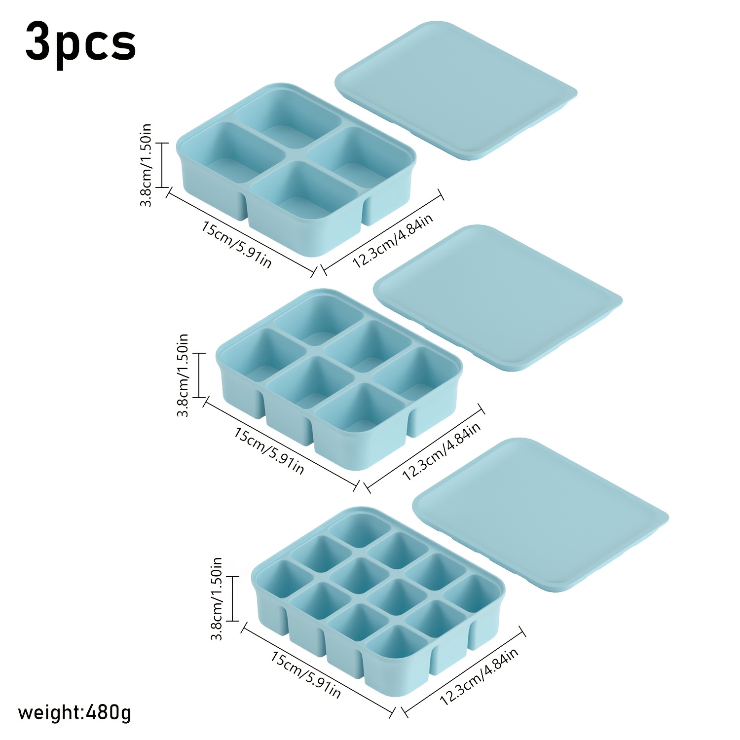 TEMU 3pcs Set Reusable Silicone Cube Molds With Sealed Cover, 4&6&12 Cavity Ice Mold, Large Square Ice Trays, Stackable Freezer Ice Making Container