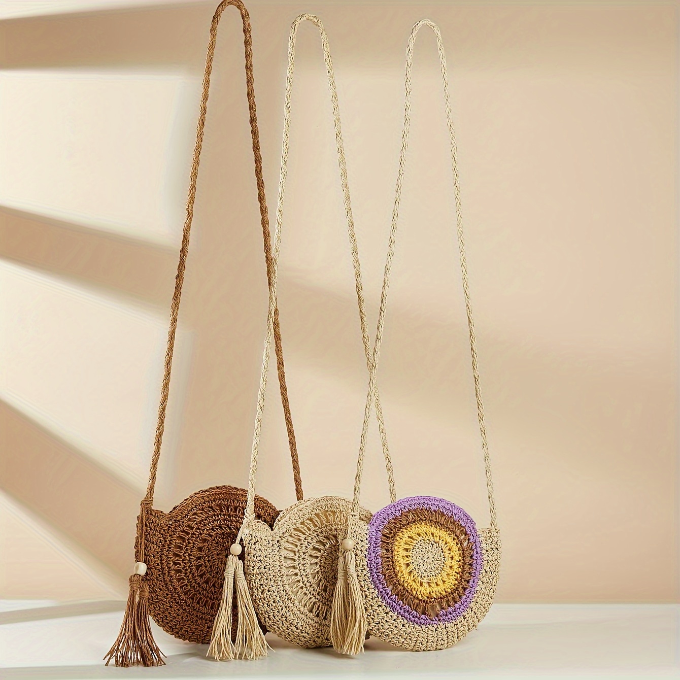 

Classic Crochet Round Crossbody Bag, Bohemian Style, Tassel Detail, Long Shoulder Strap, Artistic Purse For Women