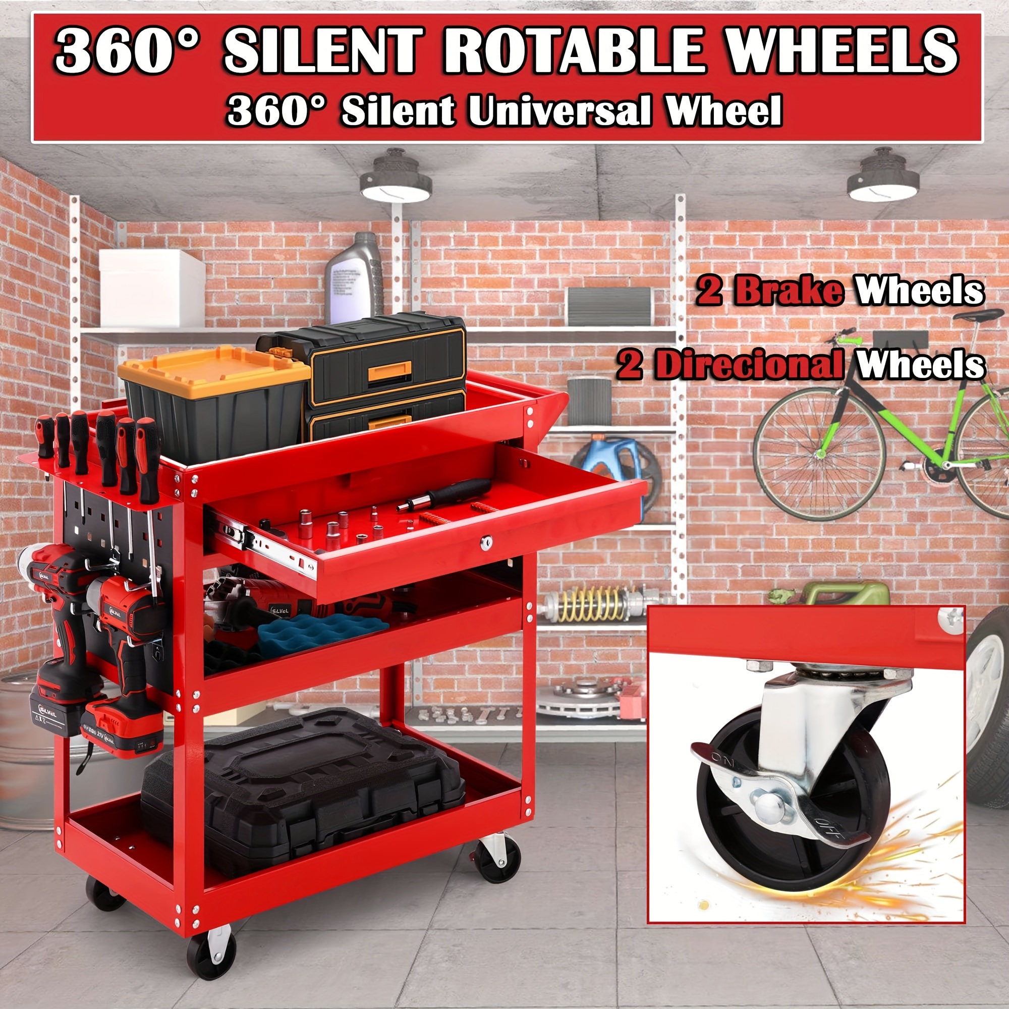 

3 Tier Rolling Tool Cart, 330lbs Cart On Wheels For Mechanics, Commercial Cart With Lock For Garage, Home, Hotel, , And Warehouse.