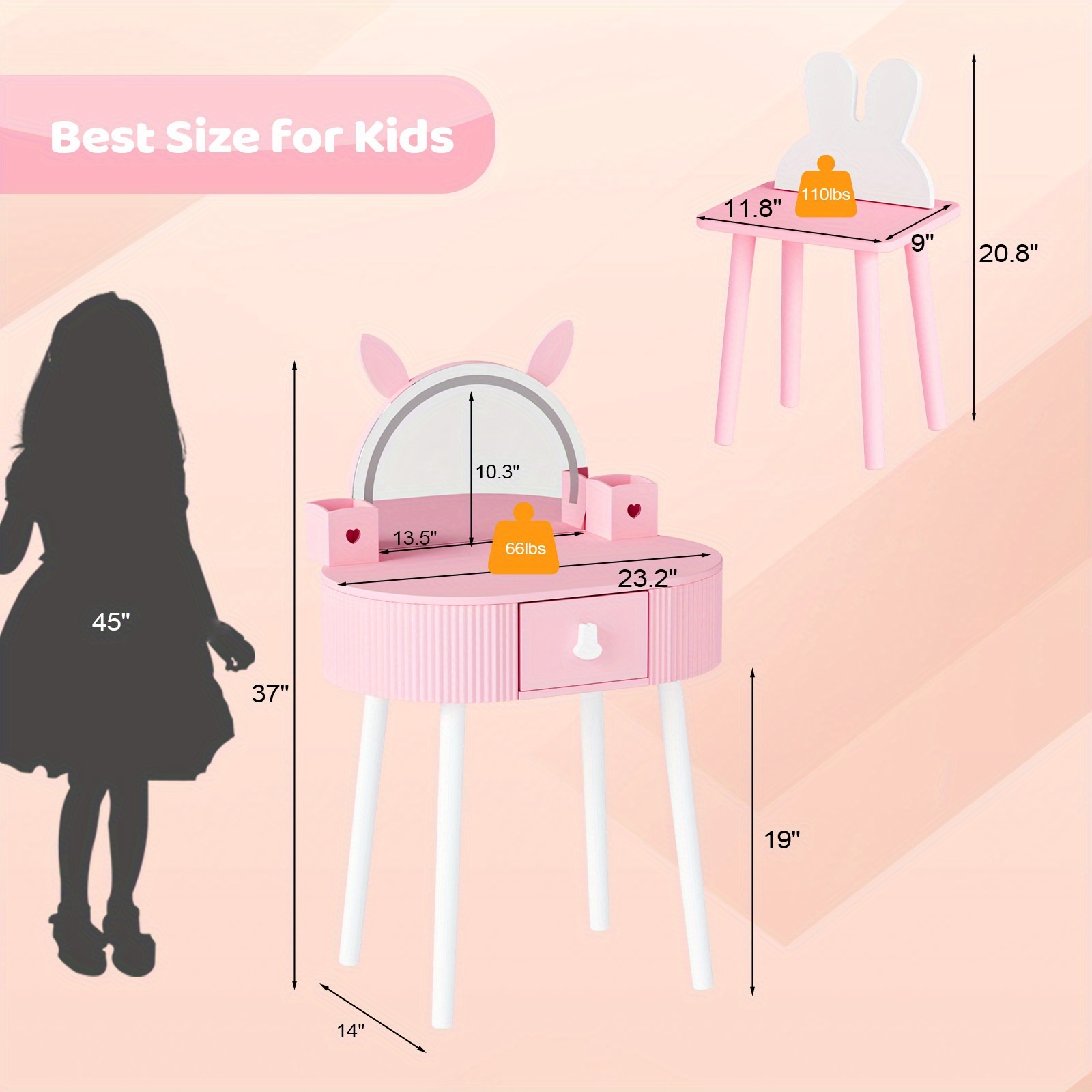 JOYMOR Kids Vanity Set with LED Lights, Girls Vanity Set, with Touch Screen, 3 Colors Adjustment, Solid Wood Leg, Large Drawer, 2 Storage Boxes, Kids Vanity Table and Chair Set, Birthday/Festival Gift for Girls, Animal Style