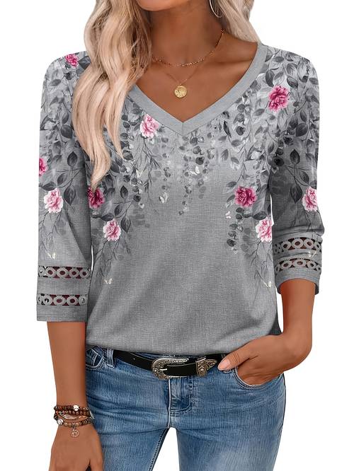 womens elegant comfortable 3 4 sleeve basic shirt loose casual v neck lace spliced three quarter sleeve t shirt