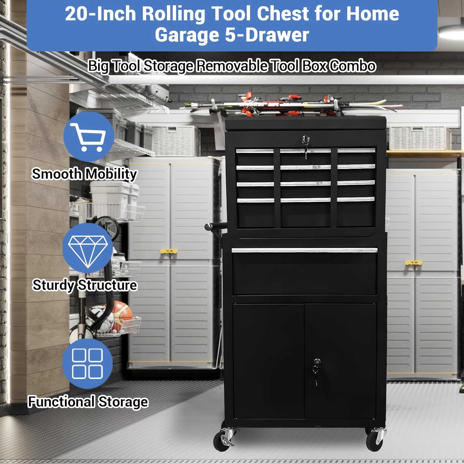 Heavy-Duty Rolling Tool Chest with Locking Drawers - Mobile Workshop Organizer with Wheels, 5-Drawer Tool Box Cabinet, Detachable Garage Storage Cart with Sliding Drawers & Locking System for Professional/Personal   - Space-Saving Design, Tool Organizer Storage, Sleek Metallic  , Durable Metal Construction,  , Sturdy Build, DIY Enthusiasts