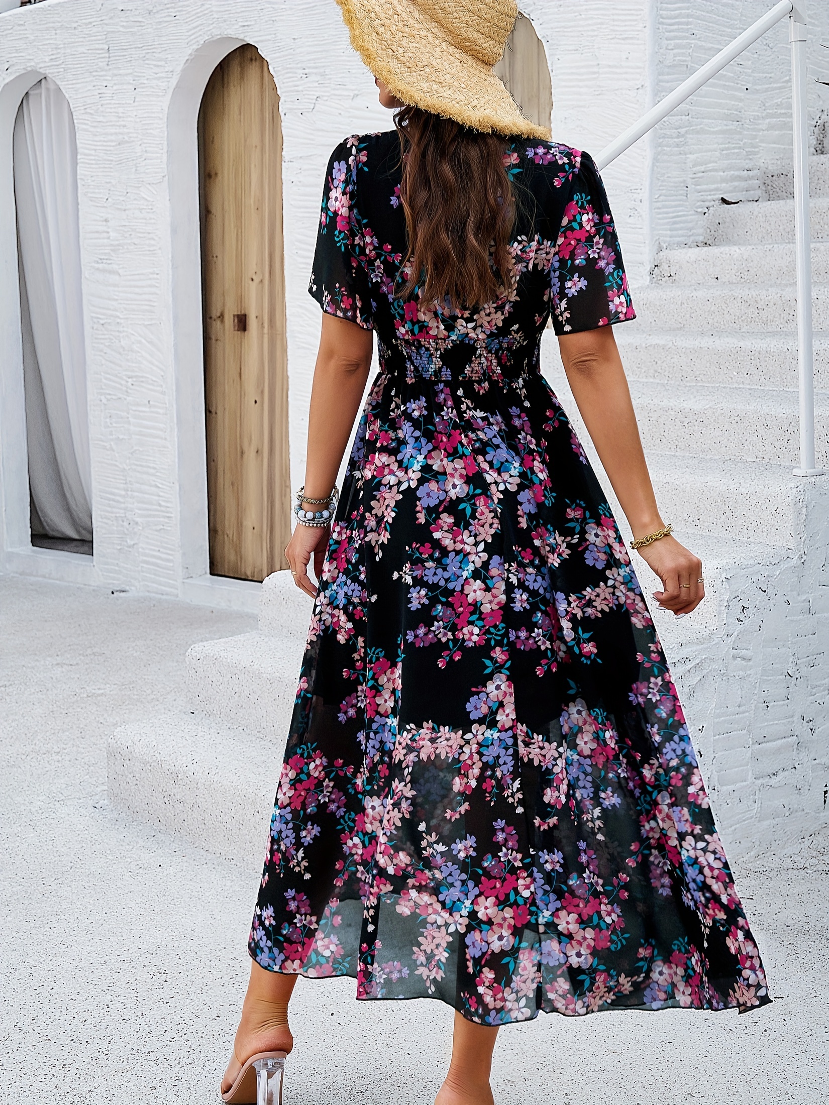 floral print v neck dress elegant shirred waist short sleeve maxi dress for spring summer womens clothing details 0