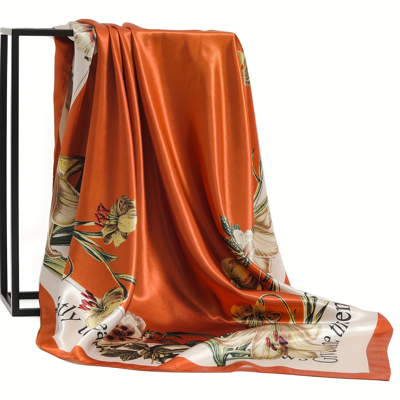 

[gentle Care] Elegant 35.4" Square Scarf For Women - Luxurious -touch Polyester, Chic Floral Print In Orange, Green & Yellow - Windproof, Sun-protective Fashion Shawl For All , Soft Headscarf By Wejet