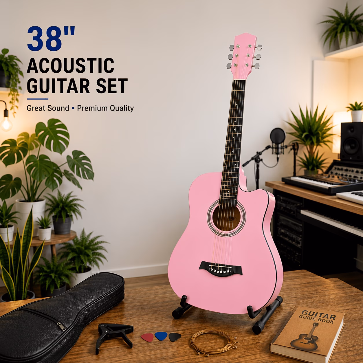 Full-Size 38-inch Wood Acoustic Guitar with Gig Bag, Capo, Picks,...