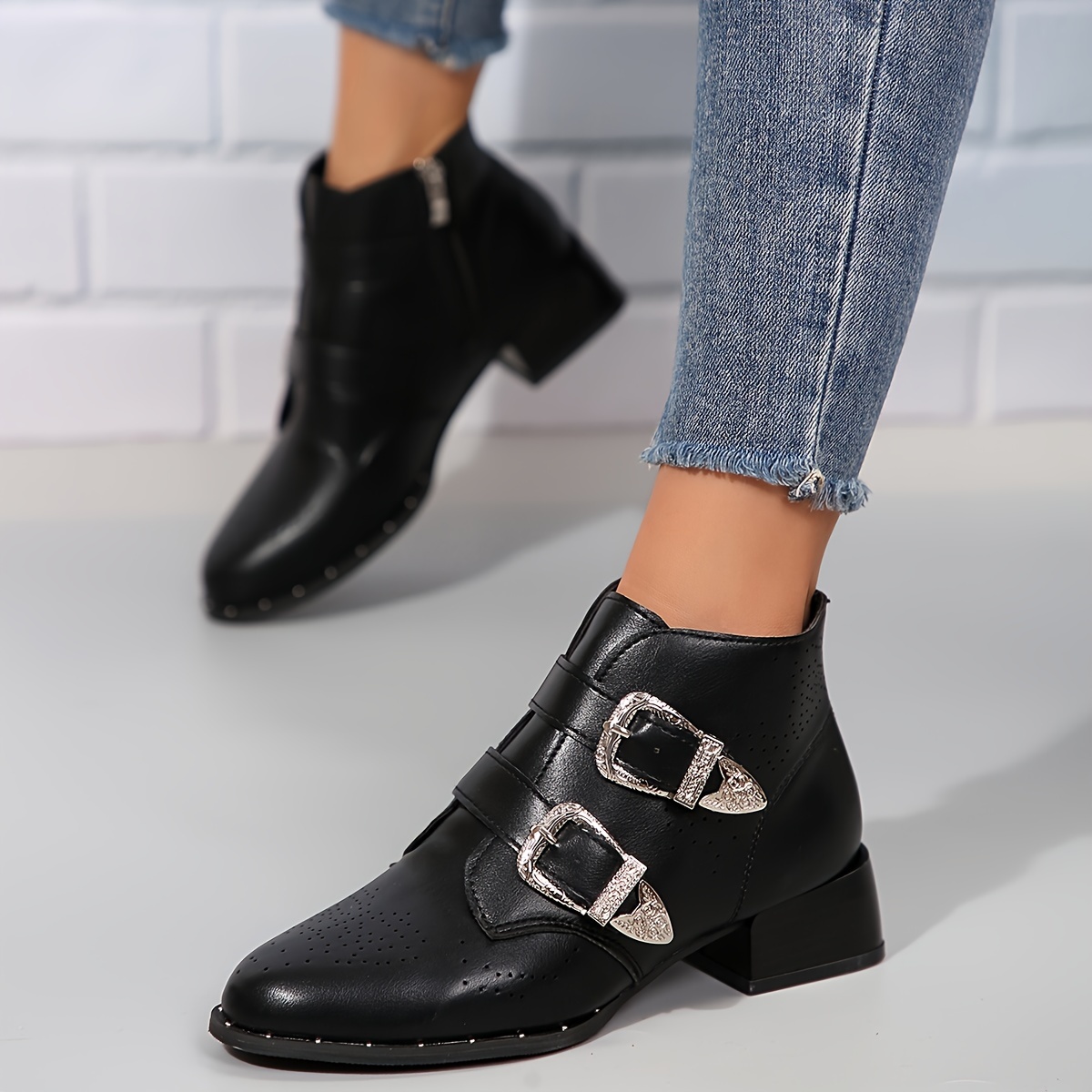 damen ankle stiefeletten mittlerem absatz schnallen chelsea Temu