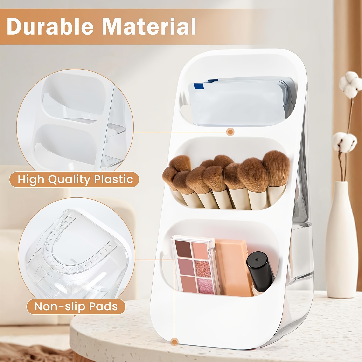 3 tier makeup brush holder organizer with multiple compartments lightweight plastic countertop storage for brushes lipsticks skincare products and stationery   bathroom or vanity display makeup brush holder Product details 0