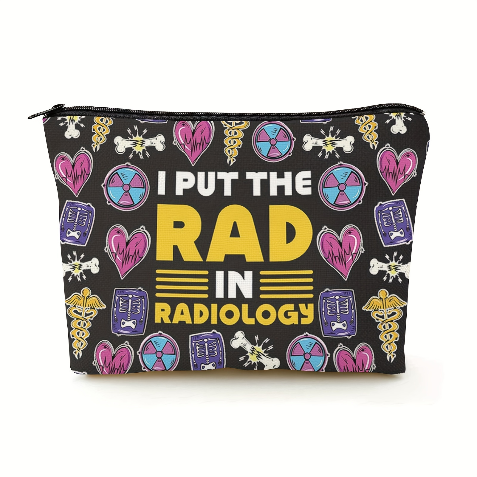 

Radiology Technician Makeup Bag - 'i Put The Rad In Radiology' Zippered Cosmetic Pouch, Modern X-ray Design, Polyester, Non-waterproof, Scent-free