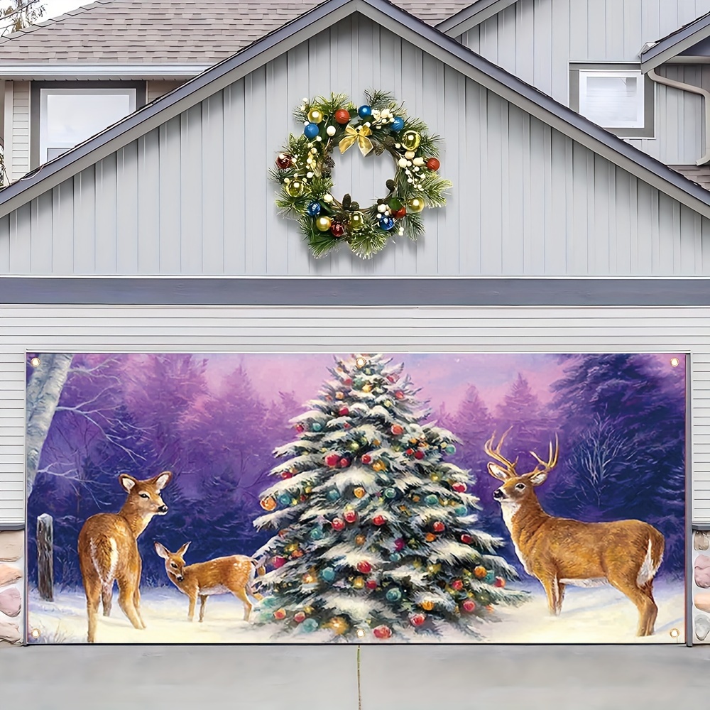 

Christmas Garage Door Banner - Purple With Tree & Deer Design, Polyester, 157x71 Inches - Home, Outdoor, Garden, And Commercial Holiday Decor, Best For Christmas