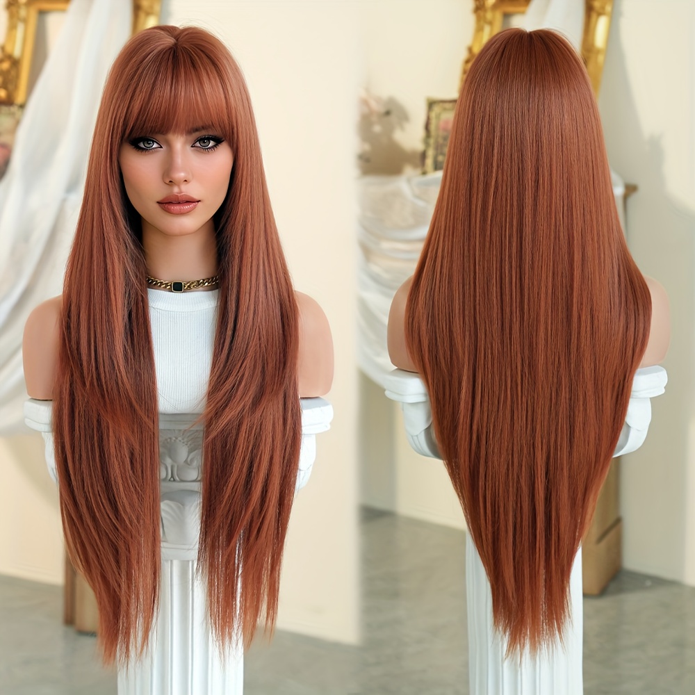 Image of Costume Wigs Long Straight Orange Wigs With Neat Bangs High Layered Heat Resistant Synthetic Hair Wig For Women Halloween Dress Up Wigs 34inch