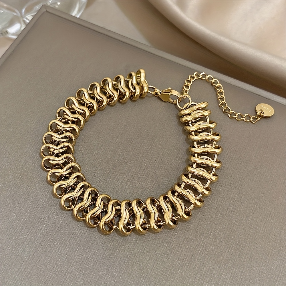 Chunky Thick Hollow Chain Link Bracelet, Golden Cuff Jewelry
