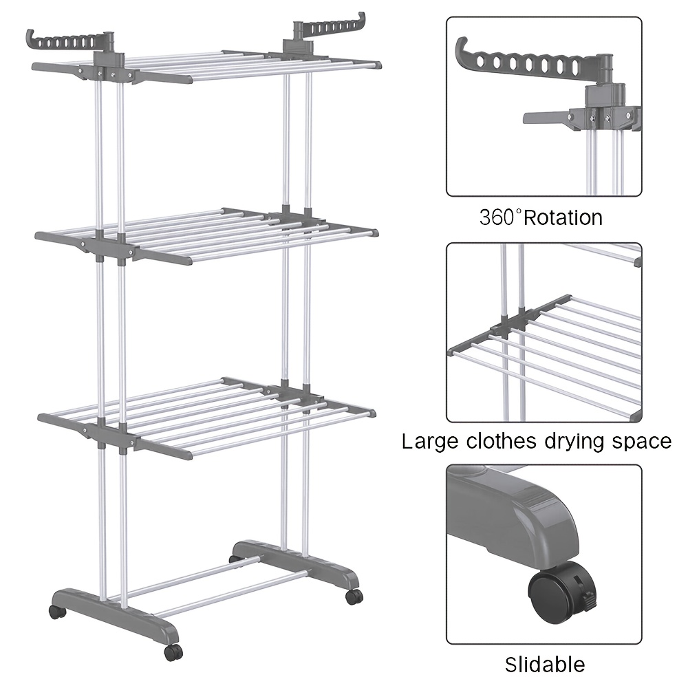 TEMU Portable Garment Hanger Clothes Airer Drying Rack Laundry Support Horse Stand With Wheels Multi-functional Bedroom Clothes Rack Grey, Drying