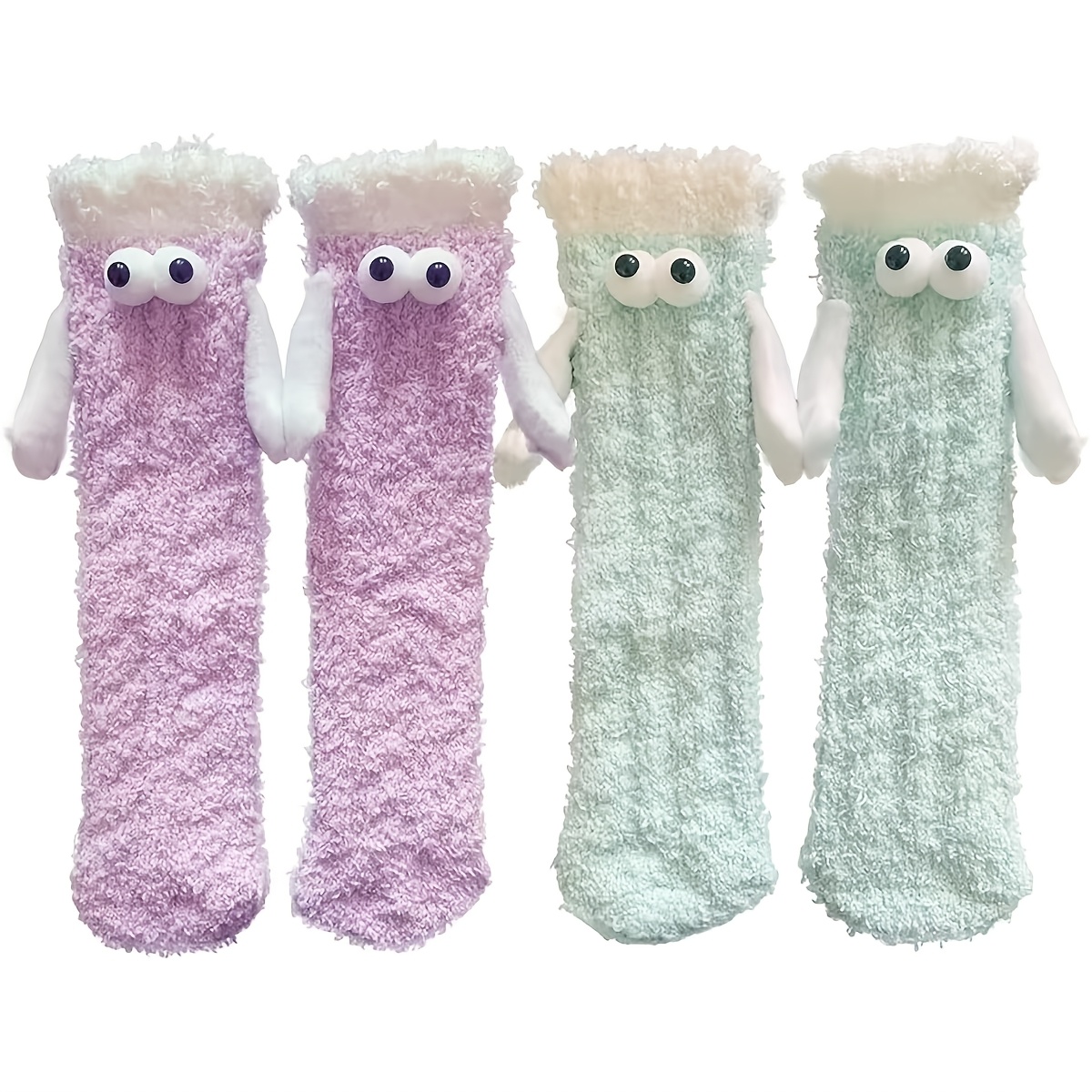 TEMU Pack Autumn Winter Warm Fleece Coral Socks Cute Fluffy Big- Magnetic Hand-holding Socks Suitable For Home