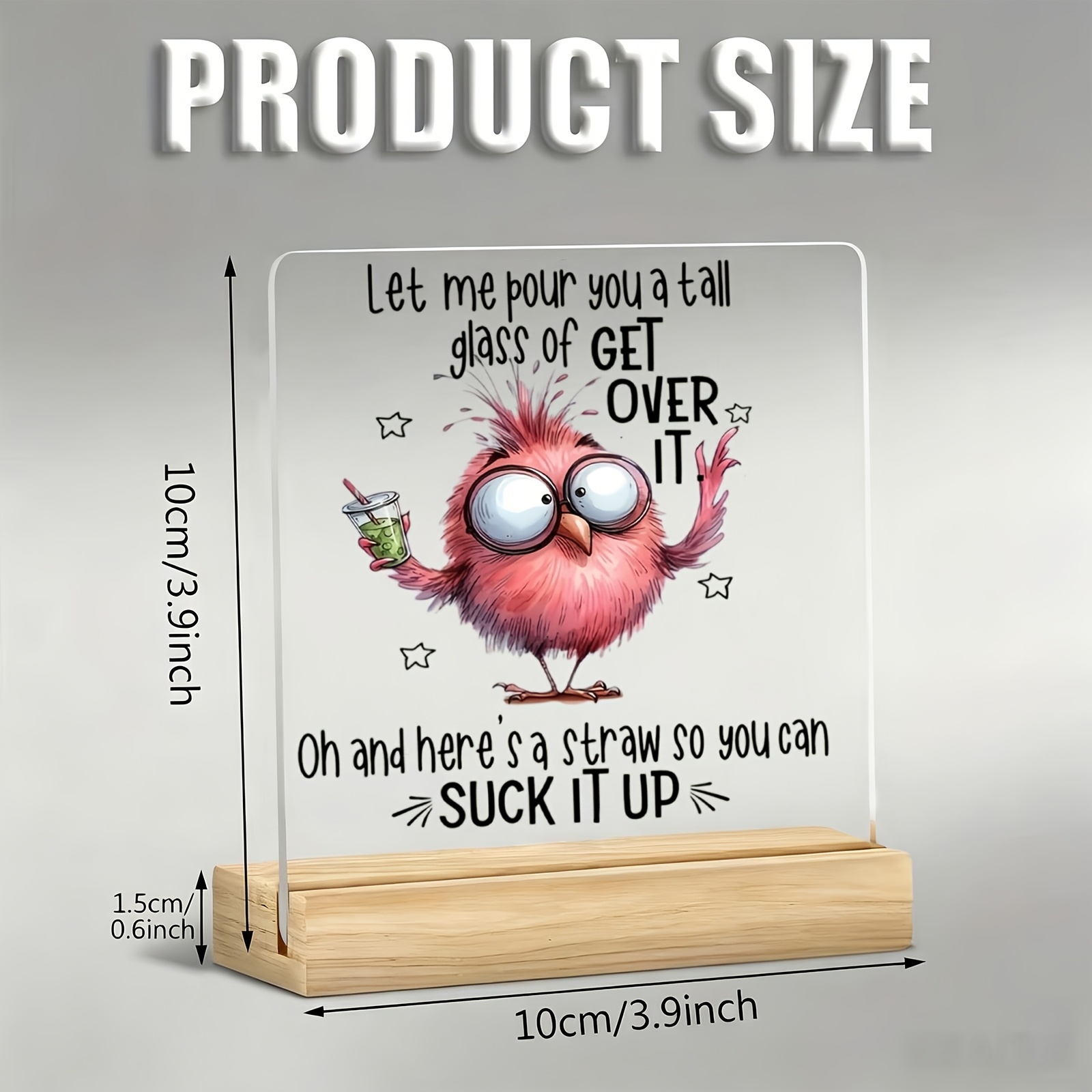 TEMU 2d Flat Design, 1pc Cartoon Bird Holding Drink Ornament, Warm And Inspirational Slogan, Acrylic Ornament With Wooden Base, Paperweight, Office