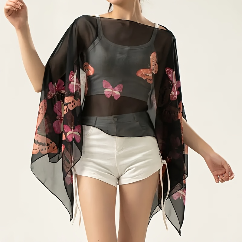 

Women's Elegant Butterfly Print Shawl, Sun Protection Wrap, Pearl Accented Beach Chiffon Cape Scarf In Red, Black, White