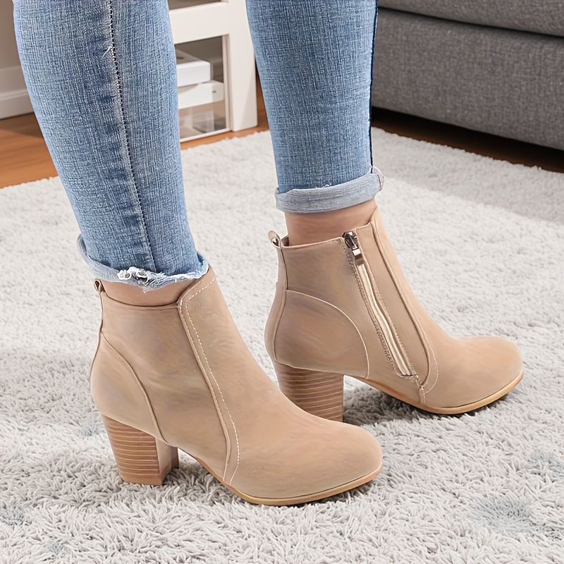womens chunky heel ankle boots side zipper round toe Temu South